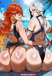 ai_generated arlecchino_(genshin_impact) ass ass_focus big_breasts black_lipstick bottom_heavy breasts curvy_female duo evilkuro05 female female_only genshin_impact hoyoverse huge_ass hugging_partner light-skinned_female looking_back massive_ass massive_breasts mavuika_(genshin_impact) multiple_girls pool poolside sitting voluptuous_female