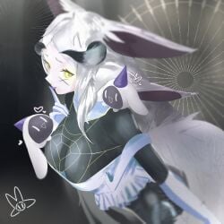 blurry blurry_foreground depth_of_field dya_rikku_(vtuber) female finger_to_mouth solo vyugen white_hair yellow_eyes