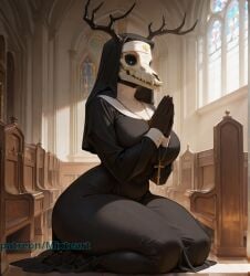 1girls ai_generated anthro big_breasts breasts breasts_bigger_than_head church cute cute_face female female_anthro female_focus furry furry_female habit highres horny horny_female kneeling large_breasts larger_anthro mature_female mixteart monster_girl patreon pleasure_face praying skull_head smile solo solo_female thick thick_female thick_thighs thighs watermark wendigo