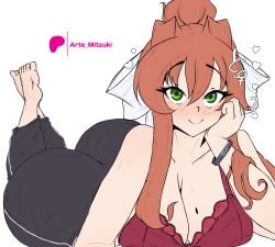 1girls arte_mitzuki artemitzuki_(artist) ass blush bra brown_hair doki_doki_literature_club female green_eyes legs_crossed looking_at_viewer lying lying_down monika_(doki_doki_literature_club) ponytail pose ribbon smile underwear white_hair