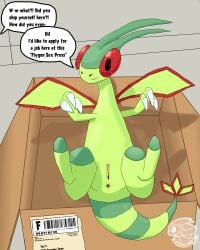 2025 absurd_res anus barcode blush body_blush box claws container dialogue english_text female flygon generation_3_pokemon genitals green_body hi_res high-angle_view horn lying lying_in_box markings myrmezard nintendo offscreen_character on_back pokemon pokemon_(species) pussy red_eyes simple_background solo_focus speech_bubble striped_markings striped_tail stripes tail tail_markings text vulva vulva_blush wings