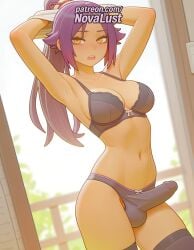 1boy 1futa 2025 ai_generated artist_name bleach blush bow bow_panties bra bulge cock dick erection futanari hi_res high_quality high_resolution highres indoors long_hair male_focus navel novalust open_mouth otoko_no_ko panties patreon patreon_username penis purple_hair shihouin_yoruichi solo stable_diffusion testicles thighhighs underwear watermark window yellow_eyes