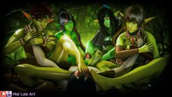 1boy 4girls barefoot feet female foot_worship footjob goblin goblin_female green_skin interspecies interspecies_sex male mei_lee_art meileeart monster moster_girl penis shortstack smelling_feet