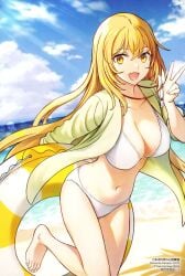+_+ 1girls 2020s 2023 artist_name barefoot beach bikini bikini_under_clothes blonde_hair blue_sky breasts day feet female hi_res horizon innertube large_breasts light-skinned_female light_skin long_hair long_sleeves looking_at_viewer matching_hair/eyes merchandise_available navel nogi_yasuhito official_art open_mouth outdoors shokuhou_misaki sky solo standing standing_on_one_leg stomach swim_ring swimsuit teenage_girl teenage_tits teenager to_aru_kagaku_no_mental_out to_aru_kagaku_no_railgun to_aru_majutsu_no_index toes w water whistle whistle_around_neck white_bikini young young_female