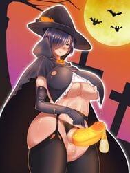 1futa black_hair black_panties blue_eyes blush breasts cape condom condom_filling condom_on_penis crotchless_panties cum curvy dickgirl elbow_gloves full_moon futa_only futanari garter_belt gloves green_eyes hair_over_one_eye halloween hat highres huge_breasts intersex jack-o'-lantern_ornament large_penis latex latex_gloves moon original panties penis short_hair solo thick_thighs thighhighs thighs underboob underwear urakata_(artist) witch_hat