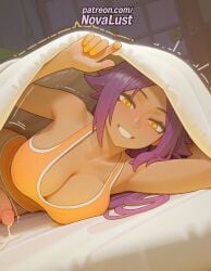 1boy 1futa 2025 ai_generated artist_name bleach blush breasts breasts breasts bust chest cleavage cock cum dark_skin dick ejaculation futanari grin hat hi_res high_quality high_resolution highres novalust patreon patreon_username penis pov purple_hair shihouin_yoruichi smile stable_diffusion straight trembling uncensored watermark yellow_eyes
