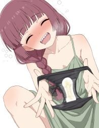 bare_shoulders black_bow black_panties blush bocchi_the_rock! bow braid braided_ponytail breasts closed_mouth collarbone commission dress drooling earrings facing_viewer female green_dress hair_over_shoulder hairbow highres hiroi_kikuri holding holding_panties holding_underwear holding_unworn_clothes jewelry long_hair menstrual_pad mouth_drool no_bra no_panties open_mouth panties pixiv_commission presenting_removed_panties red_hair sharp_teeth simple_background small_breasts smile solo teeth thighs to_bari underwear white_background