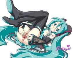 ai ai_art ai_artwork ai_assisted ai_generated ass blue_hair blush breasts dress flirtzy flirtzy.ai flirtzy_ai flirtzy_ai_art flirtzy_ai_artwork gloves long_hair looking_at_viewer lying nipples no_panties on_back open_mouth panties pussy shoes simple_background solo spread_legs thighhighs twintails white_background