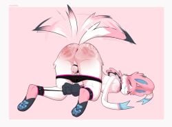 1boy 2025 anthro anthro_only ass ass_up biped blush bondage bound chastity_cage chastity_device clothed clothing cuff_(restraint) ear_piercing ear_ring eeveelution feet femboy femboy_only fur game_freak generation_6_pokemon handcuffed handcuffs hands_tied heart_eyes heart_symbol hi_res legs_tied long_ears male male_only male_sylveon metal_cuffs mostly_nude_anthro mostly_nude_male myoukky nintendo pawpads piercing pink_body pink_fur pokemon pokemon_(species) rear_view reddened_butt restraints ring_piercing smile solo solo_anthro solo_femboy solo_male spank_marks spanked_butt sylveon tail tail_motion tailwag underwear underwear_only white_body white_fur