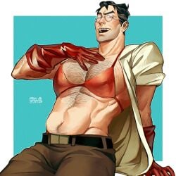 arm_hair bara bara_tits big_pecs bra chest_hair crossdressing_male dilf doctor glasses gloves hairy_chest happy_trail huge_pecs jb_the_sinner labcoat large_pectorals man_boobs medic_(team_fortress_2) older_male pecs pectorals sitting team_fortress_2