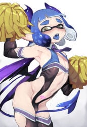 1boy armpits bat_wings blue_tongue bulge cheerleader demon_horns demon_tail fangs femboy inkling inkling_boy looking_at_viewer male otoko_no_ko pom_poms pubic_tattoo sharp_teeth skinny slender_body solo splatoon tail tattoo tight_clothing tongue_out trap unso