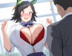 ai_generated animal_ears black_hair cleavage female horse_girl red_eyes surprised t_shirt umamusume umamusume_pretty_derby winning_ticket_(umamusume)