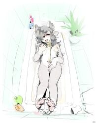 2025 anthro antlers bath bathroom bird's-eye_view bodily_fluids bravobunny breast_grab breasts closed_eyes deer detailed_background erection eunuch genital_fluids genital_scar genitals gynomorph hair hair_over_eye hand_on_breast hi_res high-angle_view horn houseplant intersex long_hair looking_pleasured lying mammal medium_breasts mismatched_sexual_dimorphism nipples on_back open_mouth orchiectomy_scar pawpads peeing peeing_on_self penis riley_(wolfplush) rubber_duck sackless scar small_penis solo trans_(lore) trans_woman_(lore) urine urine_on_chest urine_on_self