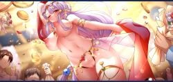 blush breasts brown_eyes clothing dancing elf_ears exhibitionism eyebrows_visible_through_hair female game game_cg hair_ornament money one_eye_closed orisries thick_thighs white_hair