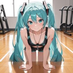 1girls ai_generated bed bedroom cleavage female hatsune_miku key shorts solo sports_bra sportswear standing sweat