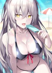 breasts eating fate/grand_order fate_(series) female female_only food_on_breasts jeanne_alter large_breasts looking_at_viewer pointy_chin popsicle popsicle_melting rin7914_(artist) short_hair suggestive swimsuit thin_eyebrows type-moon white_hair