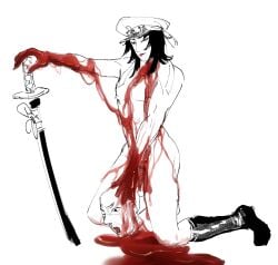 1boy 1cuntboy asian_male blood boots boots_only boots_without_bottomwear cuntboy cuntboy_only gore guro head intersex male military_hat nude potatostuff