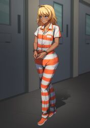 1boy 1femboy ass ass big_butt big_butt_(male) blonde_hair buttons cuffs door doorway elbows femboy feminine_male hallway handcuffs inmate jail jail_cell jumpsuit legcuffs male male_focus male_only medium_hair orange_clothing orange_shoes prison prison_clothes prison_jumpsuit prison_uniform prisoner restrained restraints sad scared shackles shoes striped_clothing tanned_male tanned_skin uniform wide_hips