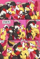 2025 absurd_res anthro balls black_body black_fur bovid bovine canid canine caprine clothed clothing colored comic dialogue digital_drawing_(artwork) digital_media_(artwork) english_text fennekin feral french_kissing frottage fuf fur generation_6_pokemon genitals group hair hi_res horn hybrid incineram kissing male male/male mammal nintendo nude open_mouth pal_(species) palworld penile penis penises_touching pocketpair pokemon pokemon_(species) red_body sex shaded simple_background speech_bubble tail talking_to_another ten_frame_image text tongue trio tuft undressing_another white_body yellow_body yellow_fur