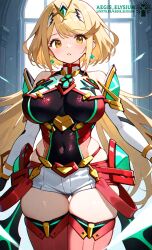 1girls 2025 aegis_elysium ai-generated ai_art ai_generated bangs blonde_hair blush blushing_at_viewer breasts castle day earrings eyebrows_visible_through_hair female female_focus full_body gem gloves hair_ornament headpiece hi_res high_quality high_res high_resolution huge_breasts indoors jewelry large_breasts light looking_at_viewer medium_hair morning mythra mythra_(xenoblade) neon_trim nintendo open_mouth pantyhose pyra pyra_(xenoblade) short_hair shoulder_armor sidelocks simple_background skin_tight skindentation sky smile solo solo_focus standing sunlight sunshine swept_bangs thick_thighs thighhighs thighs tiara upper_body vambraces watermark xenoblade_(series) xenoblade_chronicles_(series) xenoblade_chronicles_2 yellow_eyes