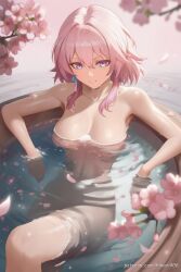ai_generated bathing bathtub blue_eyes breasts cherry_blossoms closed_mouth collarbone completely_nude convenient_censoring earrings female hair_between_eyes hikari406 honkai_(series) large_breasts looking_at_viewer march_7th_(honkai:_star_rail) medium_breasts medium_hair multicolored_eyes navel nude partially_submerged petals petals_on_liquid pink_eyes pink_hair single_earring smile solo stomach thighs two-tone_eyes uncensored water wet