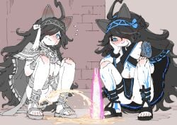 2girls absurdres bar_censor blue_eyes blush censored closed_mouth commentary_request hair_over_one_eye hands_on_own_knees highres kasli_(nyanko_daisensou) long_hair multiple_girls navel nose_blush nyanko_daisensou peeing peeing_together puddle pussy rune_(dualhart) sandals squatting toes urine