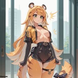 (titancore) ai_generated cameltoe cute female girl green_eyes ju_fufu monster_girl no_bra no_shirt pussy see-through_clothing single_girl small_breasts standing tiger_ears tiger_girl tiger_stripes tiger_tail video_game_character zenless_zone_zero