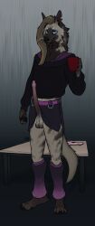 absurd_res anatomically_correct animal_genitalia animal_penis anthro blue_eyes bottomwear clothed clothing container crossdressing cup erection furniture genitals hair hi_res holding_container holding_cup holding_mug holding_object hyaenid_penis hyena leg_warmers legwear looking_at_viewer male mammal mug notched_ear panties penis skirt solo strana_(artist) strana_(character) striped_hyena stripes table underwear