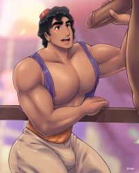 2boys aladdin aladdin_(character) bara biceps big_penis black_hair bulge cock disney fez gay handjob male muscular muscular_male penis wide_chest yaoi