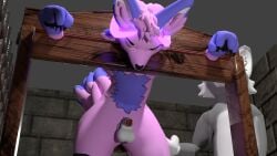 3d_(artwork) anthro ass blender_(artwork) bondage bondage bound butt_slap canid canine chastity_cage chastity_device digital_media_(artwork) dungeon duo erection femboy fluffymax fluffymaxuwu genitals hi_res hybrid male male/male mammal nude penis restraints slap spanking spanking_paddle stocks submissive