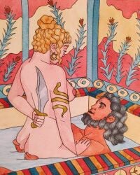 agamemnon_(mythology) attempted_murder bath bathing beard blonde_hair breasts breasts_out clytemnestra dark_hair facial_hair female greek_mythology hiding_object jewelry kurampies male nude_female nude_male orestia trojan_war weapon_behind_back wife_and_husband