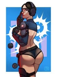1girls 8botfunpunch ammo asian ass behind_view black_hair brown_hair covering covering_breasts female female_focus female_only glasses headphone headphones hong_kong light-skinned_female light_skin looking_at_viewer looking_back military military_hat military_jacket military_uniform panties rainbow_six rainbow_six_siege short_hair solo solo_female solo_focus ying_(rainbow_six)