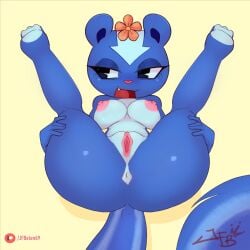1:1 2025 accessory anthro anus blue_body breasts digital_media_(artwork) female fingers flower flower_in_hair genitals hair hair_accessory happy_tree_friends hi_res j.fbelen mammal mephitid nipples petunia_(htf) plant pussy rodent skunk solo spreading vulva