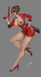 agent_aika aika_sumeragi artist_signature bare_legs beautiful blue_eyes breasts_out ear_piercing female grey_background gun heels large_breasts light_brown_hair long_sleeves one_color_background panties_visible panties_visible_under_skirt red_clothing red_high_heels red_jacket red_skirt short_hair short_skirt sirenlin solo solo_female suitcase tanned_female tied_hair white_collar white_panties