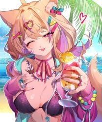 ahoge animal_ear_fluff animal_ears bikini blonde_hair blue_nails bow bracelet breasts cleavage cup day drinking_glass female food hair_ornament hairclip heart holding_cup hood hood_down hoodie jewelry long_hair looking_at_viewer nail_polish one_eye_closed ring smile solo squchan_(vtuber) streaked_hair swimsuit tongue tongue_out upper_body vyugen