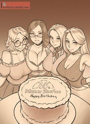 bbc-chan cake choker cleavage clothed female female_only glasses jeanne_(manor_stories) large_breasts lea_(manor_stories) long_hair looking_at_viewer manor_stories monochrome neckerchief necklace short_hair skirt sylvia_(manor_stories) valerie_(manor_stories)