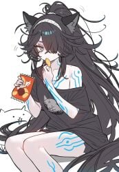1girls big_breasts black_hair cat_ears crazed_cat drool eating feline female female_only half_naked the_battle_cats