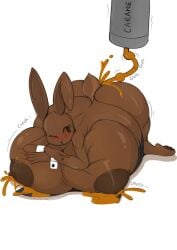 anthro areola ass belly belly_expansion belly_inflation big_areola big_belly big_breasts big_nipples breast_expansion breasts brown_body bunny_costume candy caramel_(food) chocolate chocolate_bunny clothing costume dessert digital_media_(artwork) dragonfron easter expansion female food food_creature holidays hose hose_inflation huge_belly huge_breasts inflation lagomorph leaking leaking_nipples leporid liquid_inflation living_candy living_chocolate mammal nipples rabbit simple_background solo