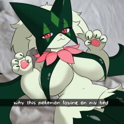 1:1 2025 anthro anthrofied big_breasts breast_curtains breasts claws digital_media_(artwork) english_text evaacii felid feline female fur generation_9_pokemon green_body green_fur hi_res huge_breasts looking_at_viewer mammal mask meowscarada navel nintendo open_mouth pawpads paws pokemon pokemon_(species) pokemorph red_eyes smile solo text wearing_mask