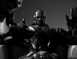 1boy 1boy1girl 1girls 3d absolute_cinema black_and_white blizzard_entertainment chair clothed clothed_female clothing d.va d.va_(overwatch_2_suit) dark-skinned_male doomfist female furniture implied_fellatio implied_oral interracial light-skinned_female male meme meme_reference overwatch seated simple_background sitting_on_chair taikakettu twitter_link unseen_female_face