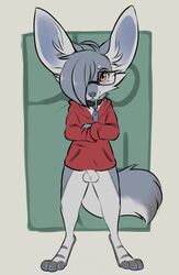 anthro balls bottomless brown_eyes canine clothed clothing collar eyewear fennec fox fur glasses grey_fur male male_only mammal maxwell_(reign-2004) reign-2004 rocket solo white_fur