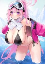 big_breasts bikini blue_archive blush blushing breasts eimi_(blue_archive) eimi_(swimsuit)_(blue_archive) female goggles_on_head highres huge_breasts ito_uuu pink_hair puffer_jacket scarf ski_goggles snow swimsuit very_high_resolution very_long_hair video_game_character water wet