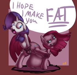 2018 anal_vore anus ass blue_eyes cutie_mark dialogue digital_media_(artwork) duo earth_pony english_text equine female feral friendship_is_magic hair hooves horn horse mammal my_little_pony open_mouth pinkamena_(mlp) pinkie_pie_(mlp) pony pussy rarity_(mlp) shdingo text underhoof unicorn vore