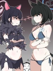 1boy 2girls anger_vein angry angry_expression angry_face animal_ears artist_request bar_censor bikini black_hair black_nails blue_archive breasts cat_ears cat_girl cat_tail catfight doodle_sensei_(blue_archive) female halo highres kazusa_(blue_archive) kikyou_(blue_archive) looking_at_another male medium_breasts multiple_girls sensei_(blue_archive) short_hair staredown yuri