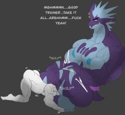 2boys asolchan bara big_muscles big_pecs big_penis blowjob dialogue huge_cock huge_muscles huge_pecs humanoid humanoid_genitalia humanoid_penis hyper_penis male male_focus male_only muscles muscular muscular_male pokémon_(species) pokemon pokemon_(species) toxtricity