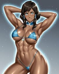 abs ai_generated armpits arms_behind_head arms_up aura avatar_the_last_airbender bangs bare_shoulders bigesi-nsfw bikini black_hair blue_bikini blue_eyes blue_swimsuit blush breasts brown_hair cameltoe cleavage clothing collarbone covered_nipples curvaceous dark-skinned_female dark_skin detached_collar female female_only hair_between_eyes hair_tubes highleg highleg_bikini korra large_breasts lips looking_at_viewer medium_hair micro_bikini muscle muscular muscular_female navel obliques parted_lips shiny_skin short_hair sidelocks smile solo standing swimsuit the_legend_of_korra thick_thighs thighs thong_bikini toned wide_hips