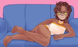 1girls anthro ass brown_hair bunny_ears couch curly_hair feet female female_only foot_fetish half-closed_eyes hypnosis hypnosis_fetish hypnotic hypnotic_eyes laying_on_side legs looking_at_viewer necklace oc one-piece paws smile smirk smug solo_female swirly_eyes tinsay_(artist) two_tone_body two_tone_fur