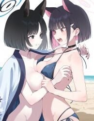 2girls ai_generated angry angry_face bikini blue_archive breast_press breasts breasts_pressed_against_partner cat_ears cat_tail catfight catgirl completely_nude completely_nude_female female grabbing grabbing_another's_breast halo kazusa_(blue_archive) kikyou_(blue_archive) nude nude_female staredown yuri