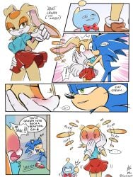3:4 aged_up blush bottomwear cheese_the_chao chu_(sound_effect) clothing comic cream_the_rabbit dialogue english_text eulipotyphlan female flustered gesture hand_gesture hedgehog hi_res kiseki_art kissing kissing_cheek lagomorph leporid male mammal rabbit sega skirt sonic_(series) sonic_the_hedgehog sonic_the_hedgehog_(series) surprised_expression teasing text thumbs_up underwear