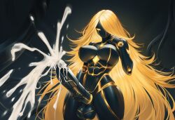 ai_generated aipixelporn bent_over black_body cum expressionless female futanari gold_hair gold_trim intersex long_hair nude oc original original_character pov robot robot_futa robot_girl robot_humanoid taker_pov